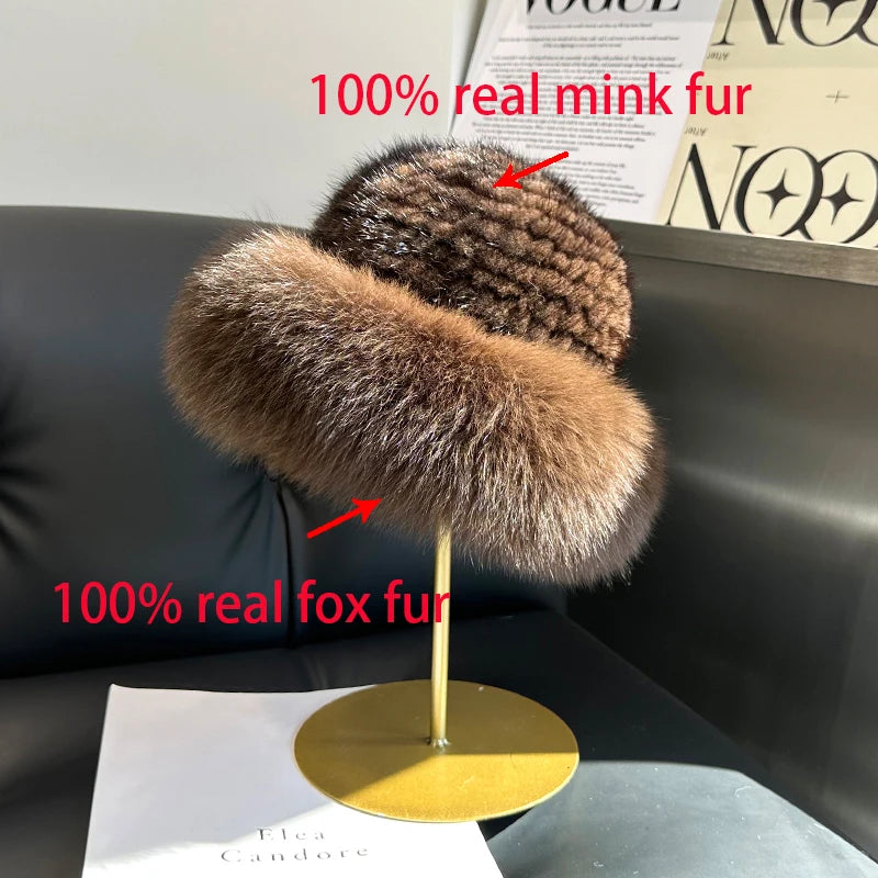 New Genuine Real Natural Mink Fur Hat Cap Luxury Women Handmade Knitted Fashion Winter Headwear Warm Real Fox Fur Beanies