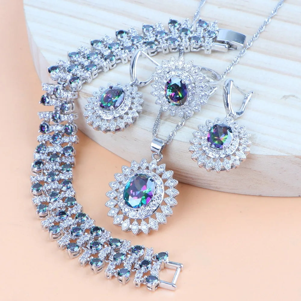 Natural Bridal Jewelry Sets Silver 925 Jewelry Ring Pendant Necklace Earrings Bracelets Wedding Blue Cubic Zircon Set For Women - KIMLUD