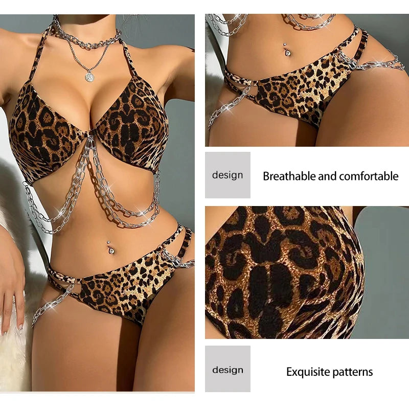 Two Piece Women's Leopard Print Bikini Lingerie Set Women's Printed Leopard Print with Chain Triangle Cut Sexy Lingerie Set