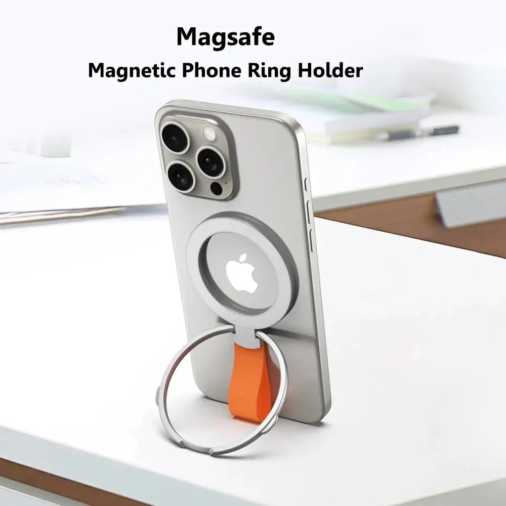 MagSafe Magnetic Ring Phone Holder with Silicone Cord Rotating Kickstand for Iphone15 14 13 12 Series Desktop AlloyBuckle Stand