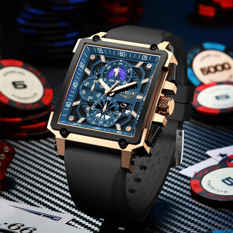 New LIGE Mens Watches Top Brand Luxury Hollow Square Sport Watch For Men Fashion Silicone Strap Waterproof Quartz WristWatch+Box