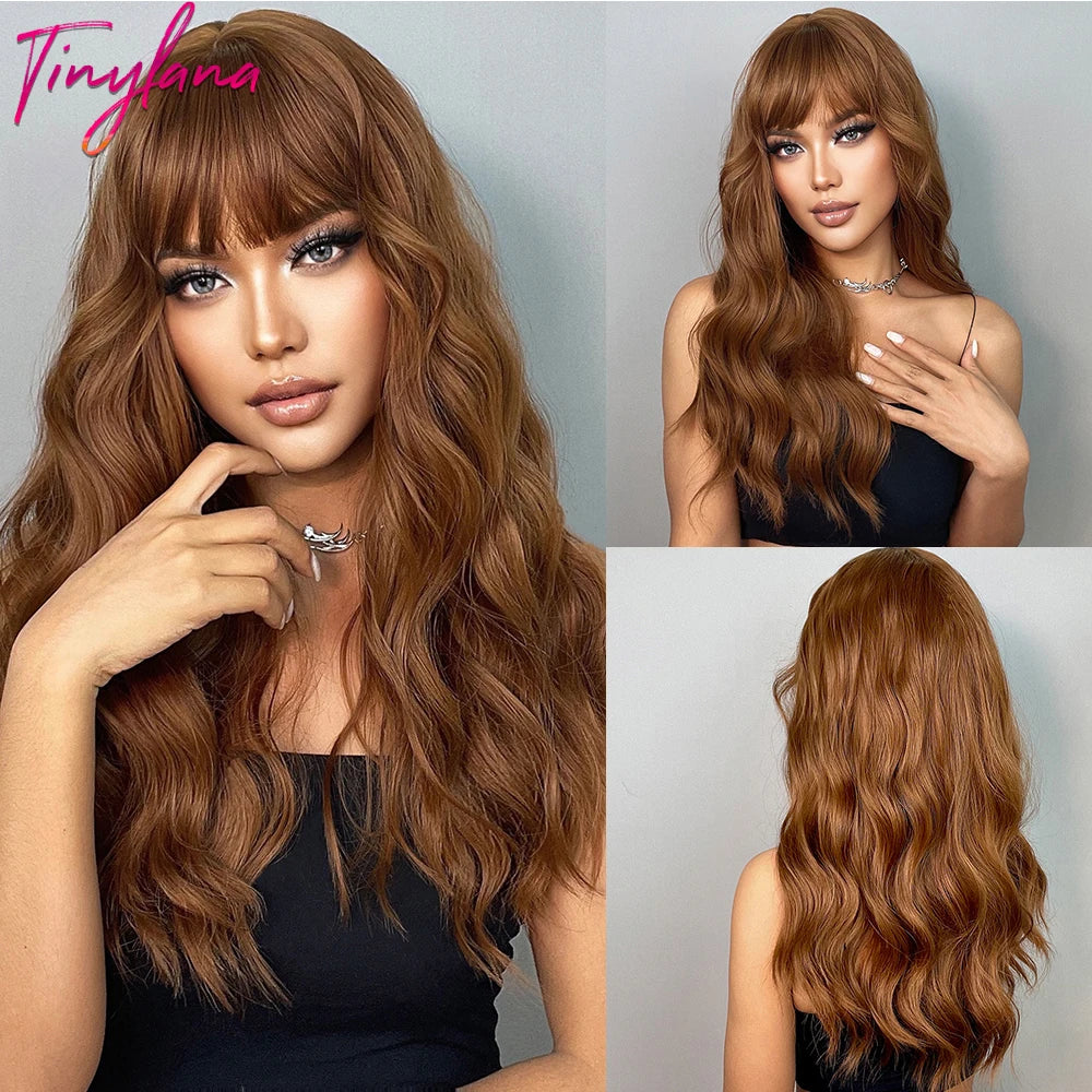 Cosplay Ginger Orange Long Curly Synthetic Wigs with Bangs Deep Wave Lolita Hair for Women Halloween Party Daily Heat Resistant