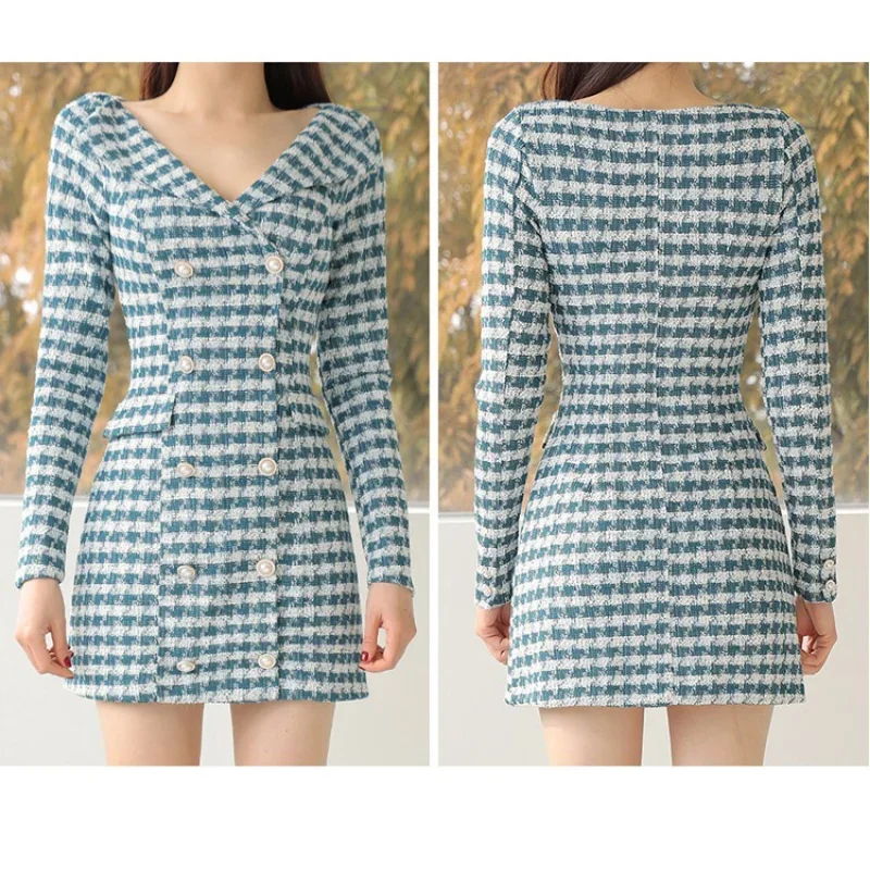 KIMLUD, Long-sleeved Plaid Small Fragrance V-neck Women Dress Slim Double-breasted Korea Chic Elegant Vintage Spring Autumn Mini Dress, KIMLUD Womens Clothes