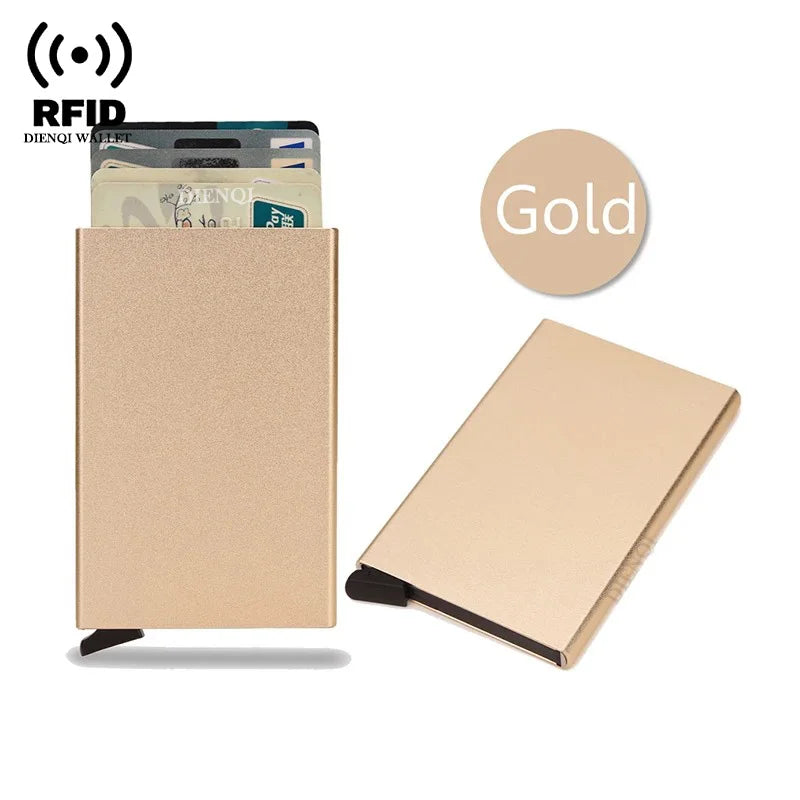 KIMLUD, Rfid Credit Card Holder Metal Thin Slim Smart Wallet Men Women Wallets Pop Up Minimalist Small Black Purse Mini Walets for Men, Gold, KIMLUD APPAREL - Womens Clothes