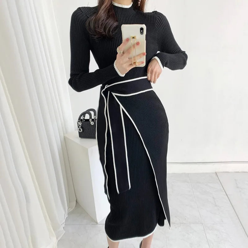 YuooMuoo Elegant Lace Up Turtleneck Knitted Long Dress Korean Fashion Khaki Black Rib Bandage Bodycon Sweater Dress Robe Femme - KIMLUD