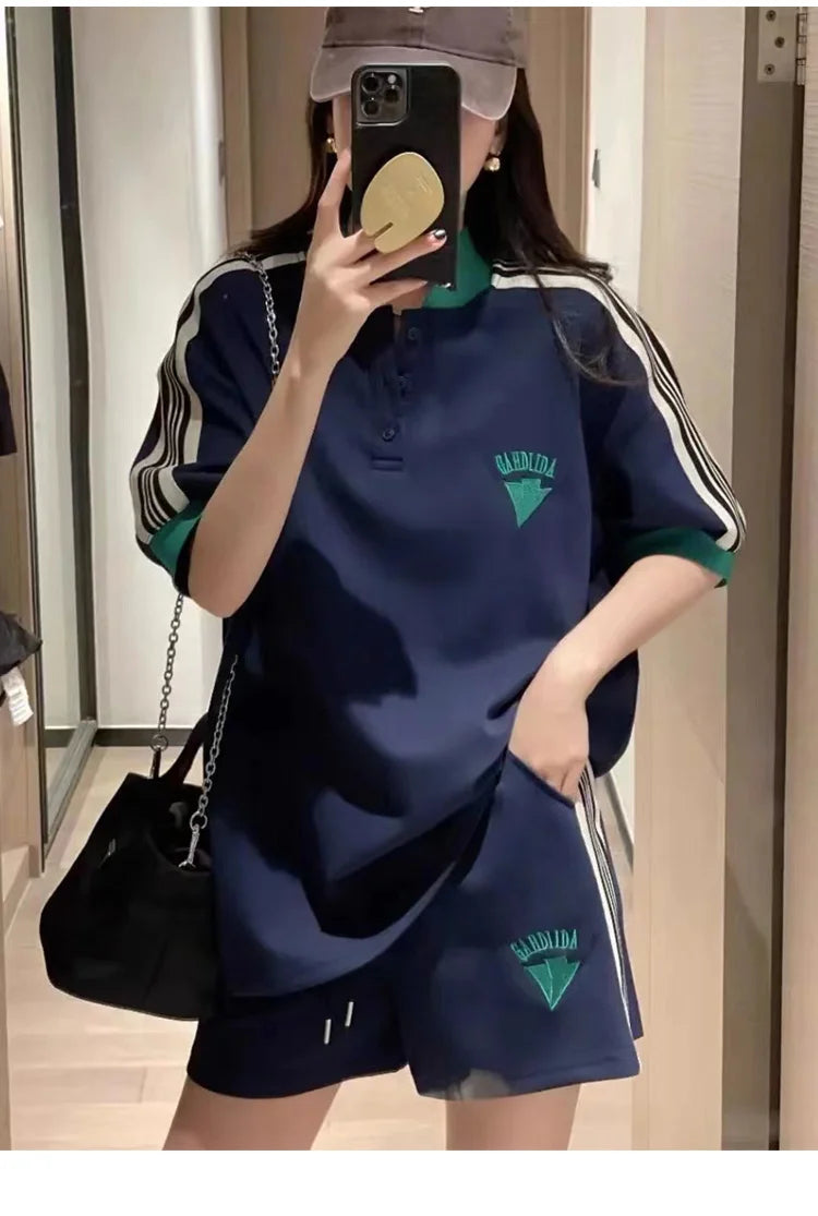 Navy Loose Side Patch Streetwear Tracksuit Summer Shirts Shorts Pants Embroidery Two Piece Sets Womens Outifits Harajuku Casual