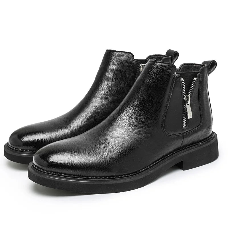 British Style Men's Chelsea Boots New Fashion Male Chelsea Boots Genuine Leather Elastic Strap Ankle Boots Business Dress Shoes