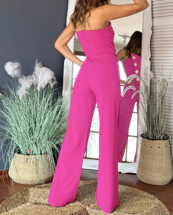 Sexy Asymmetrical Bandeau Strapless Jumpsuit Metal Button Decor Casual Overalls 2025 Woman Long Jumpsuits Elegant