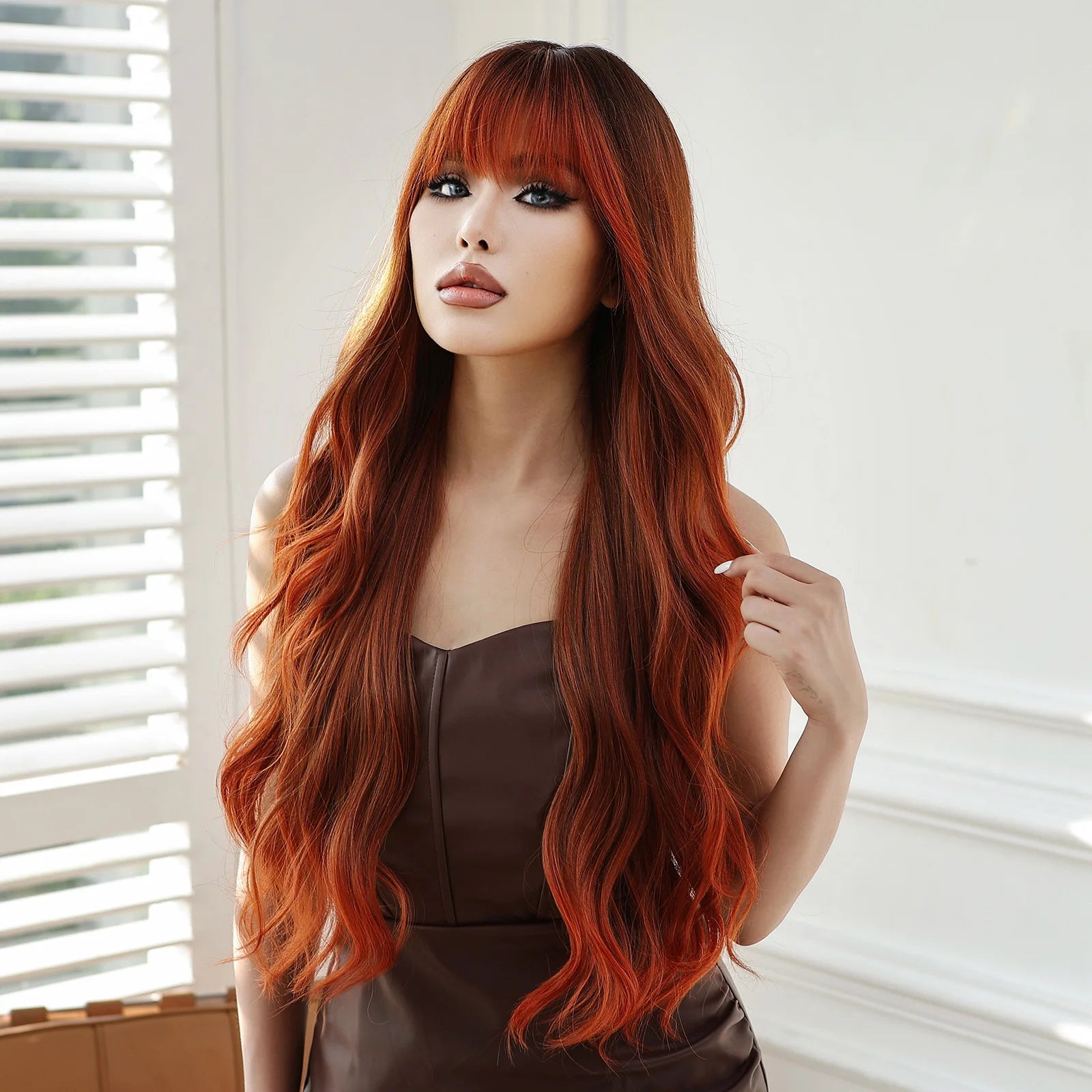 ESIN Red Brown Wavy Synthetic Wigs with Bangs Long Natural Wave Wig for Women Halloween Cosplay Party Colored Wig Heat Resistant