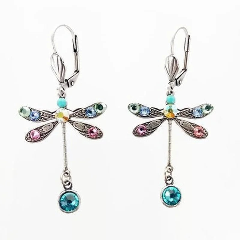 KIMLUD, Elegant Personalized Carved Dragonfly Earrings Seven colored gems Hook Drop Earrings Wedding Engagement Earrings for women, KIMLUD Womens Clothes