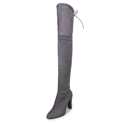 KIMLUD, Sexy Party Fashion Suede Leather Shoes Women Over The Knee Heels Boots Stretch Flock Pointed Thick Heel Botas Black Long Boots, gray / 36, KIMLUD APPAREL - Womens Clothes