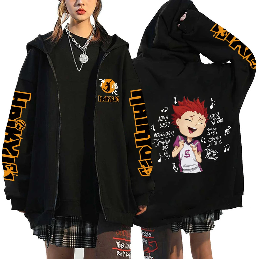 Women Men Anime Hoodie Haikyuu Zip Up Jacket Karasuno High School Plus Size Sweatshirt Harajuku Unisex Autumn Warm Streetwear