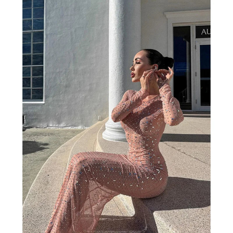 Glitter Female Cover up Maxi Dress Mesh See-Through Split Fashion Long Sleeve Slim Sexy Beach Cover up Dress For Women New