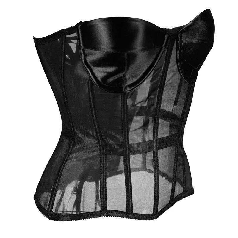 Sexy Women Sheer Bustier Lace Up Corset Top Corset Boned Waist Trainer Lingerie Overbust Corsets Body Shaper Corsets for Women