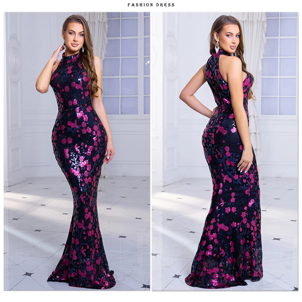 Romagic Elegant Flowers Sequin Sleeveless O Neck Evening Party Dress Sexy Bodycon Mermaid Long Lining Floor Length Prom Dresses