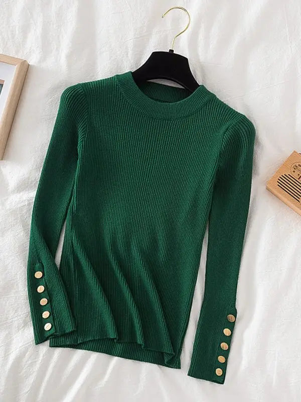 KIMLUD, 2024 women thick sweater pullovers khaki casual autumn winter button o-neck chic sweater female slim knit top soft jumper tops, Dark Green / One Size, KIMLUD APPAREL - Womens Clothes