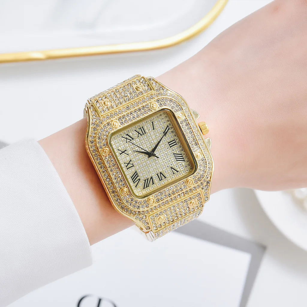 MAYZHISU Watch For Men Luxury Gold Square Men's Wristwatch Alloy Strap Full Diamond Business Quartz Watch for man Clock Gifts - KIMLUD