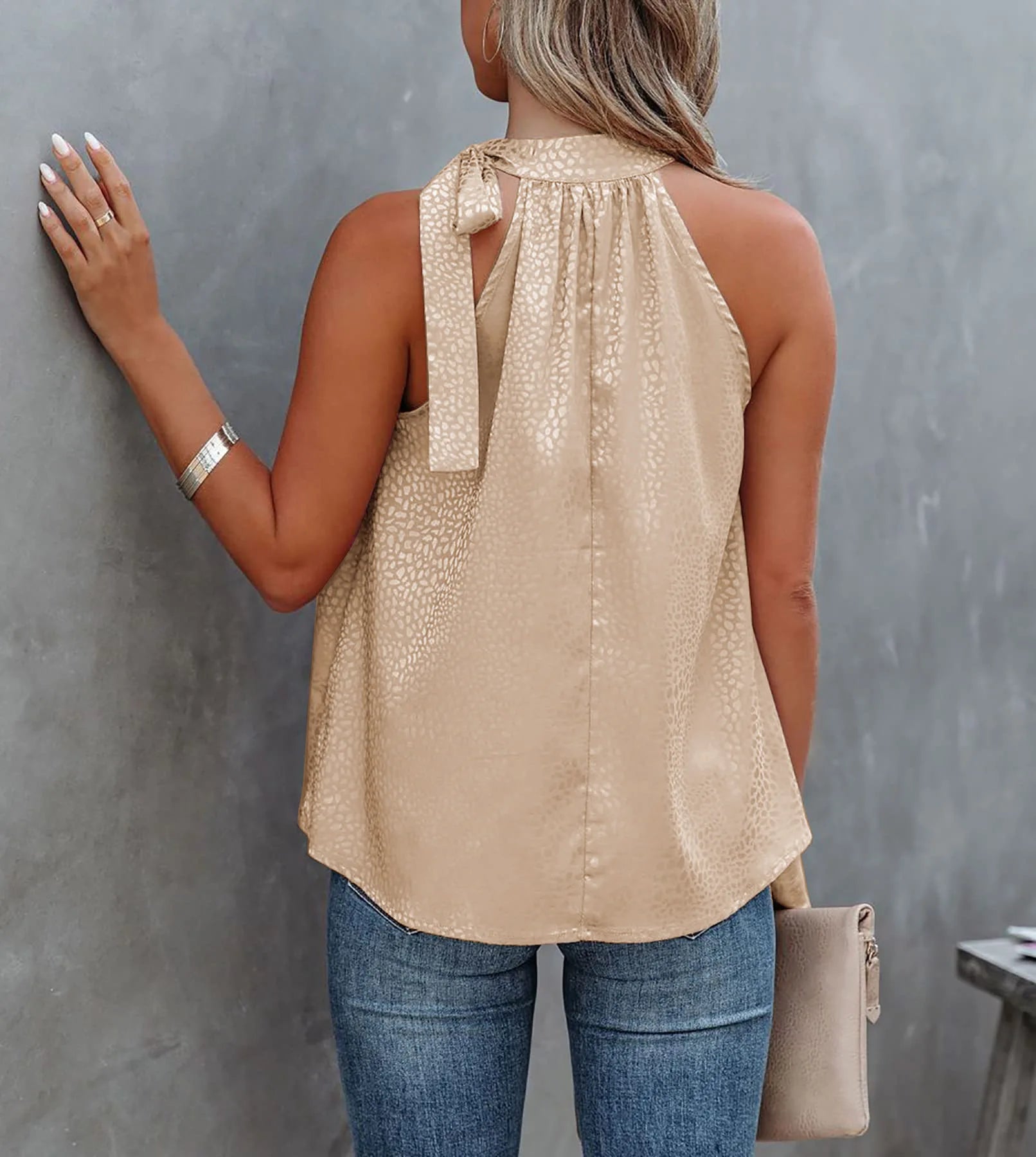 Women Summer Style Blouses Shirts Lady Casual Sleeveless Halter Collar Solid Color Blouse Tops DF5071 - KIMLUD