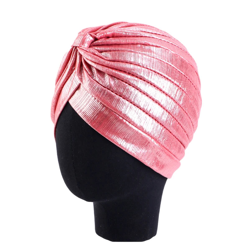 New Women's Metallic Pleated Knot Turban Hat Retro Ethnic Hat Elastic Head Wrap Shiny Beanies Head Scarf Bonnet Chemo Cap