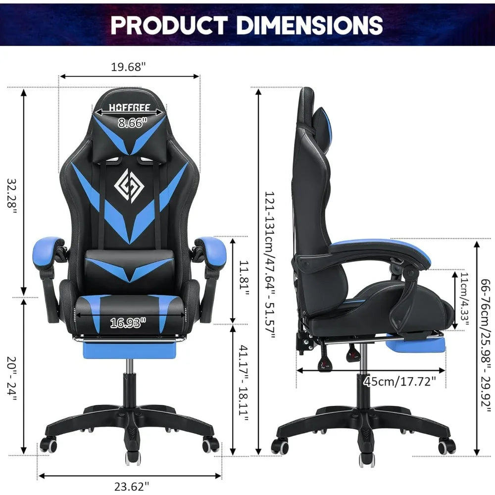 Gaming Chair with Massage and LED Lights Ergonomic Video Game Chairs with Footrest High Back Reclining Computer Chair