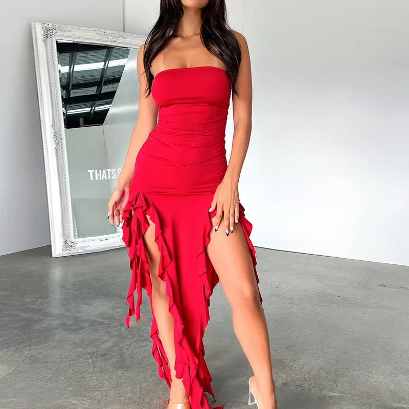 Women Sexy Strapless Off Shoulder Midi Dress Ruffles Split Beach Maxi Dress Elegant Bodycon Summer Slim Fit Party Female Vestido