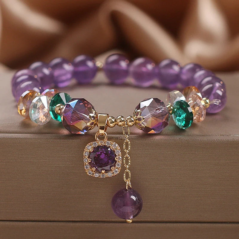 Natural Amethyst Bracelet  Women's Light Luxury Wishing Lucky Cat Beaded Pendant Hand Chain Best Friend Bangles Jewelry Gift