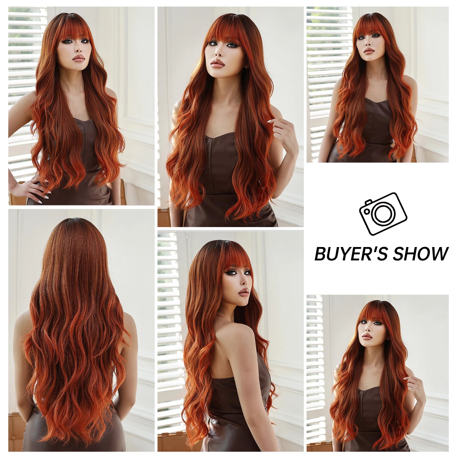 ESIN Red Brown Wavy Synthetic Wigs with Bangs Long Natural Wave Wig for Women Halloween Cosplay Party Colored Wig Heat Resistant