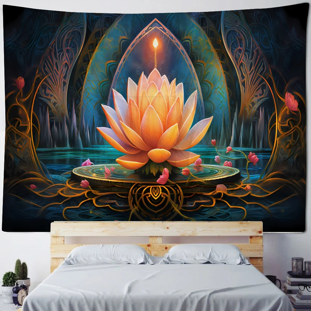 Meditation Lotus Tapestry Wall Art, Large Tapestry Mural Decoration, Home, Bedroom, Living Room Decoration - KIMLUD