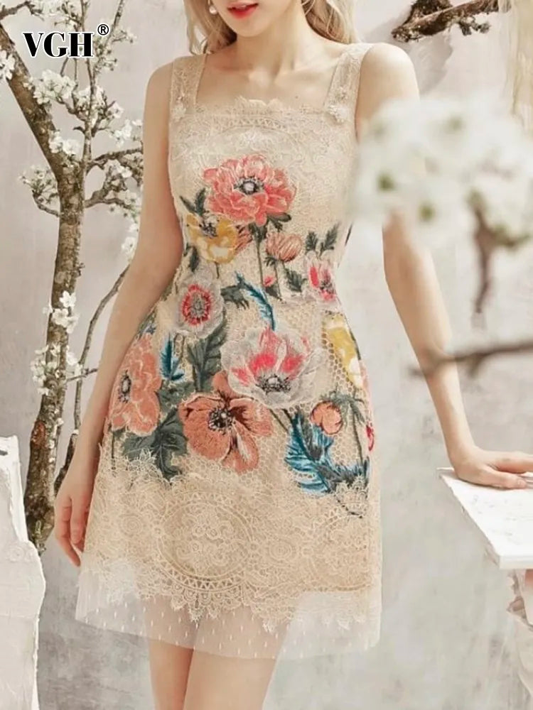 VGH hit color patchwork embroidery elegant dress for women square collar sleeveless high waist spliced mesh mini dresses female