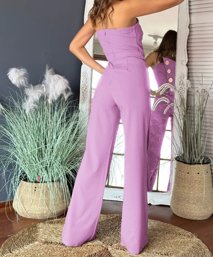 Sexy Asymmetrical Bandeau Strapless Jumpsuit Metal Button Decor Casual Overalls 2025 Woman Long Jumpsuits Elegant