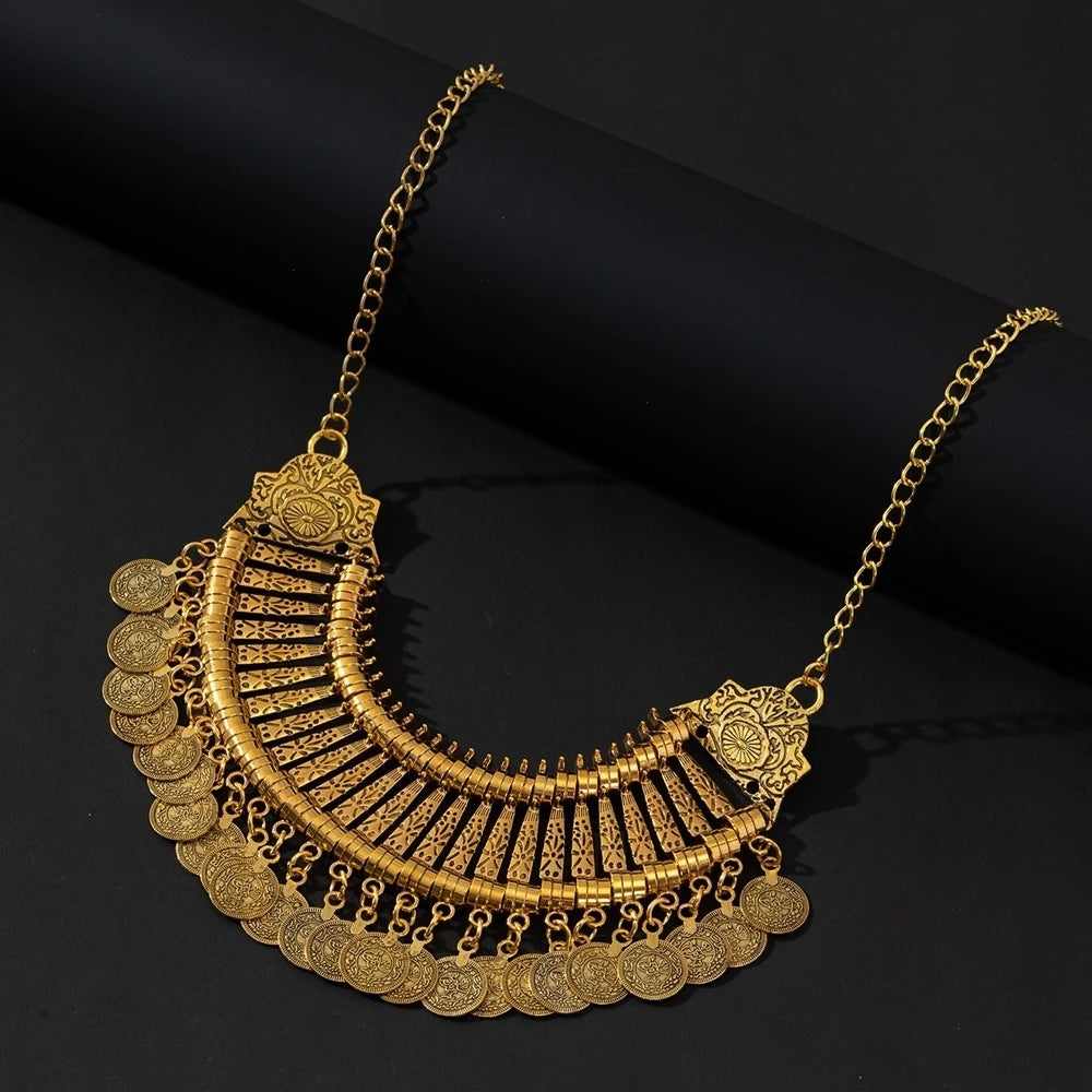 KIMLUD, Boho Ethnic Vintage Antique Metal Coin Tassel Statement Necklace For Women Trend 2024 Afghan Turkish Tribal Jewelry, Antique Gold Plated, KIMLUD APPAREL - Womens Clothes