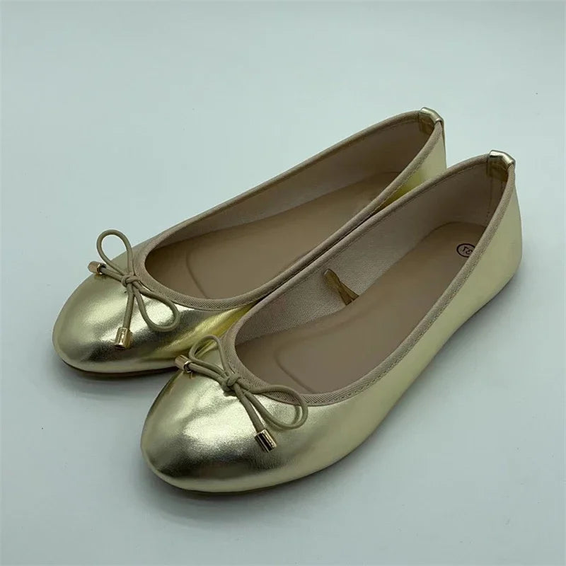 Eilyken Gold Silver Elegant Bowknot Round Toe Women's Flat Comfort Slip-On Ladies Ballerina Single Mules Shoes Zapatos Mujer - KIMLUD