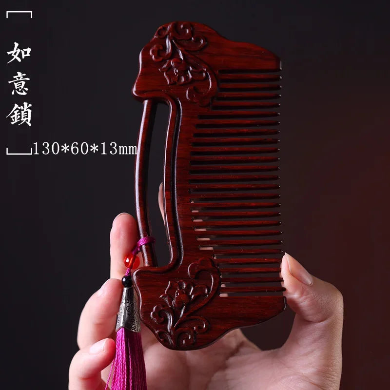 Natural Rhinoceros Horn Small Leaf Red Sandalwood Carved Wood Comb Retro Style Massage Comb Gifts with comb