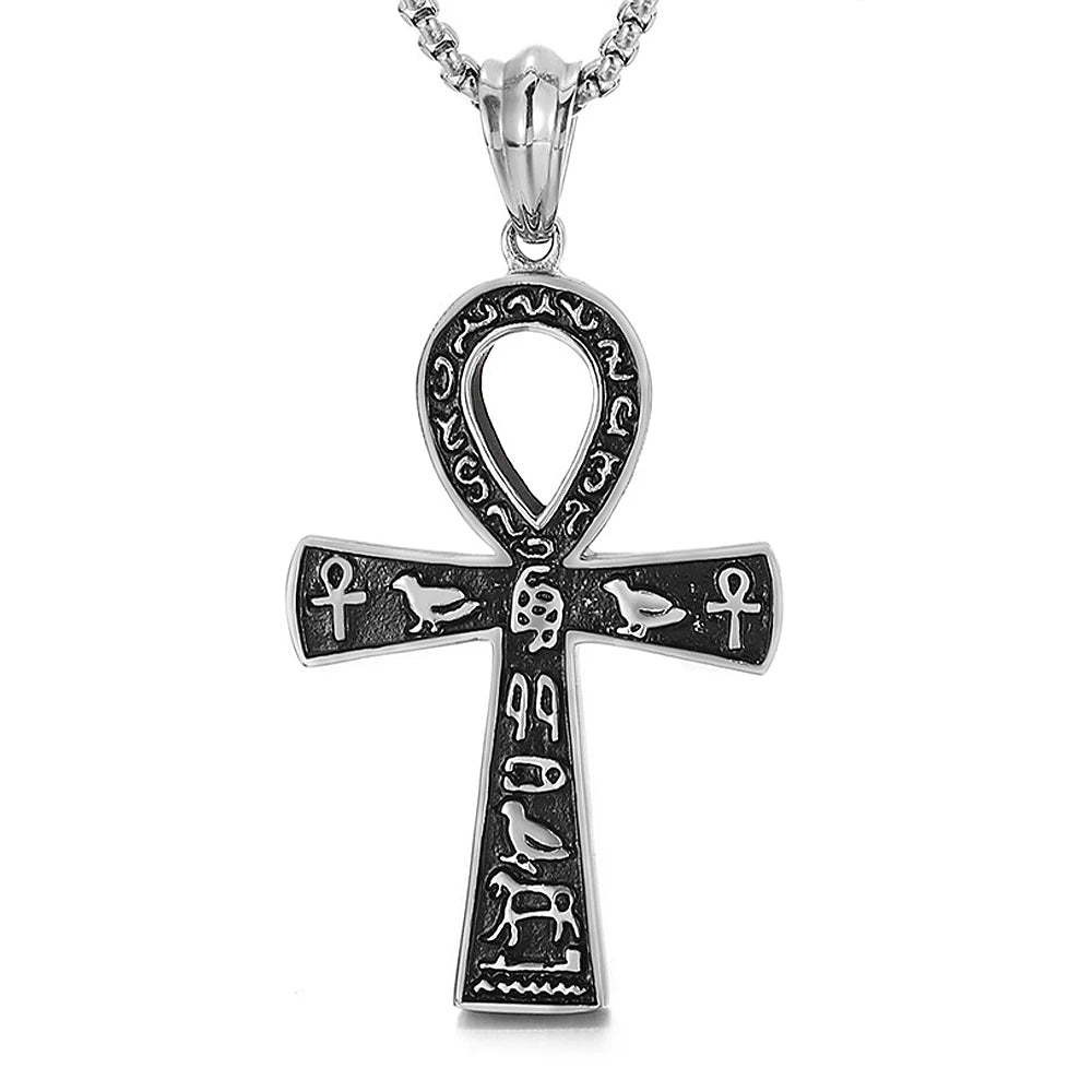 KIMLUD, Fashion Classic Vintage Egypt Ancient Ankh Cross Pendant Necklace for Men Trend Punk Women Glamour Jewelry, AL18762-Silver, KIMLUD APPAREL - Womens Clothes