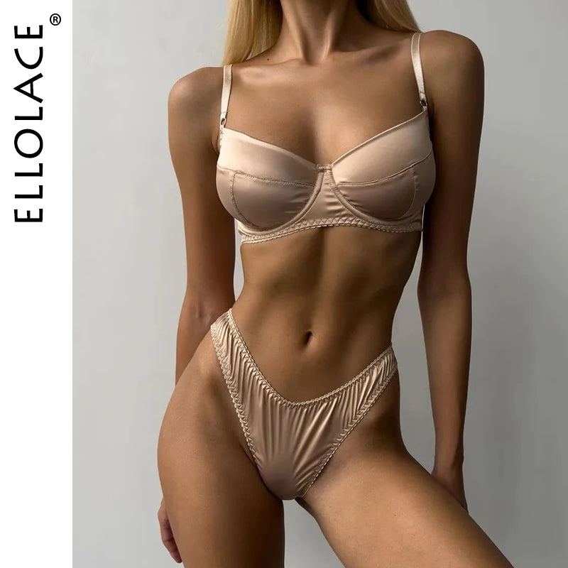 Ellolace Silk Underwear Sexy Lingerie For Fine Women Seamless Bra Set Desire Hot Girl Bilizna Erotic Costume Intimate Champagne