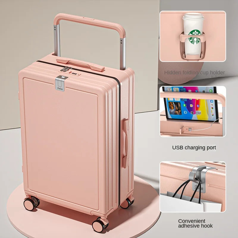 Multifunctional Draw-Bar Suitcase Zipper Wide Handle Trolley Luggage with Cup Holder USB Port Trip Boarding Case Spinner 20 inch