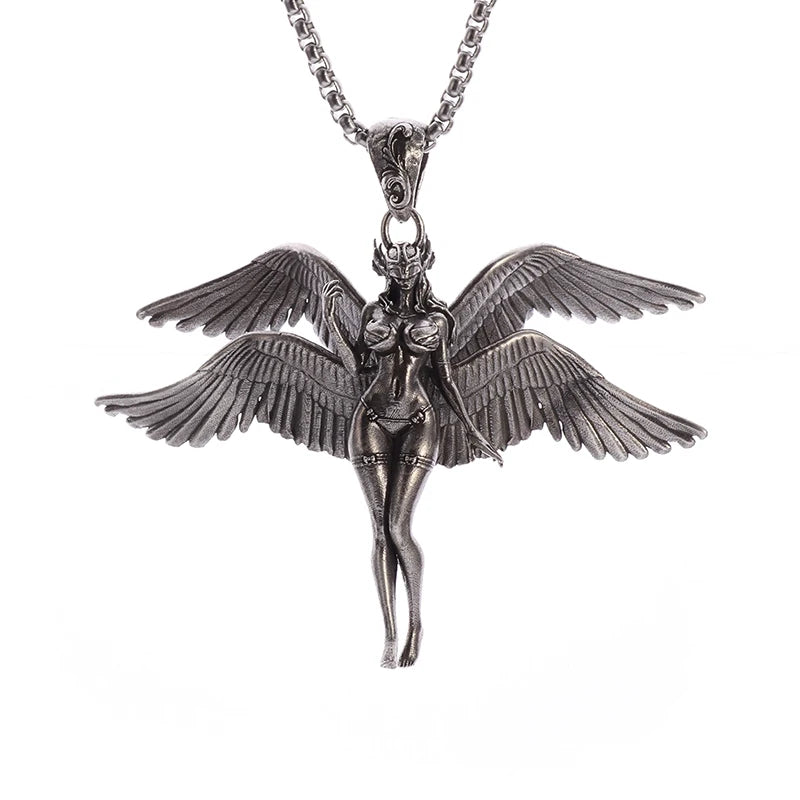 KIMLUD, Stainless Steel Creative Personality Prayer Angel Pendant Necklace Men and Women Fashion Trend Hip Hop Punk Accessories Jewelry, AL19581-Silver, KIMLUD APPAREL - Womens Clothes