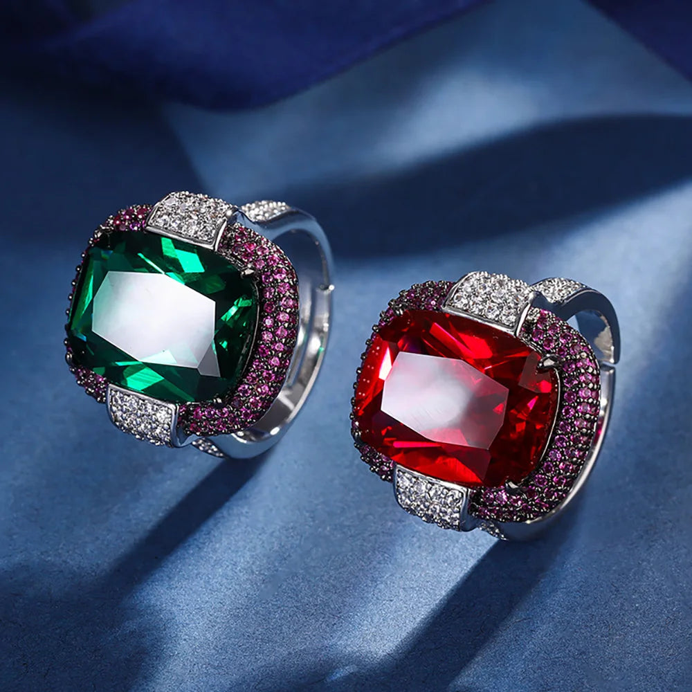 2023 Vintage 12*16MM Ruby Emerald Rings Lab Diamond Wedding Bands Gemstone Cocktail Party Fine Jewelry Female Anniversary Gifts - KIMLUD