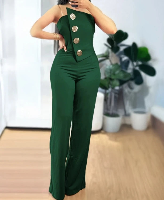 Sexy Asymmetrical Bandeau Strapless Jumpsuit Metal Button Decor Casual Overalls 2025 Woman Long Jumpsuits Elegant