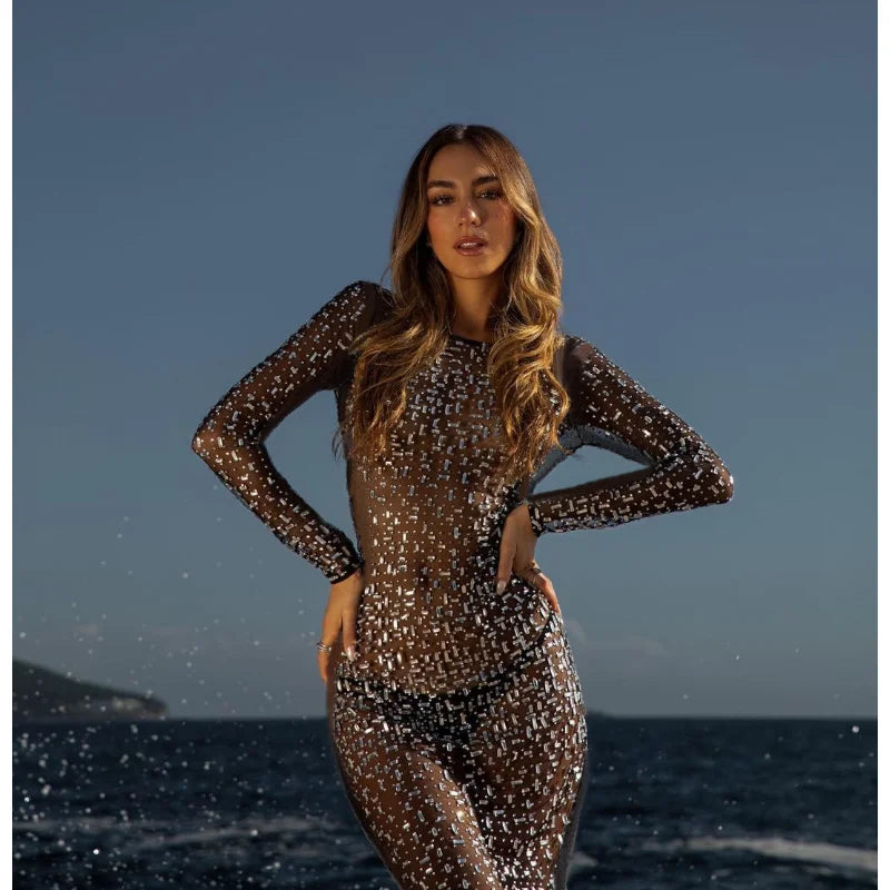 Glitter Female Cover up Maxi Dress Mesh See-Through Split Fashion Long Sleeve Slim Sexy Beach Cover up Dress For Women New