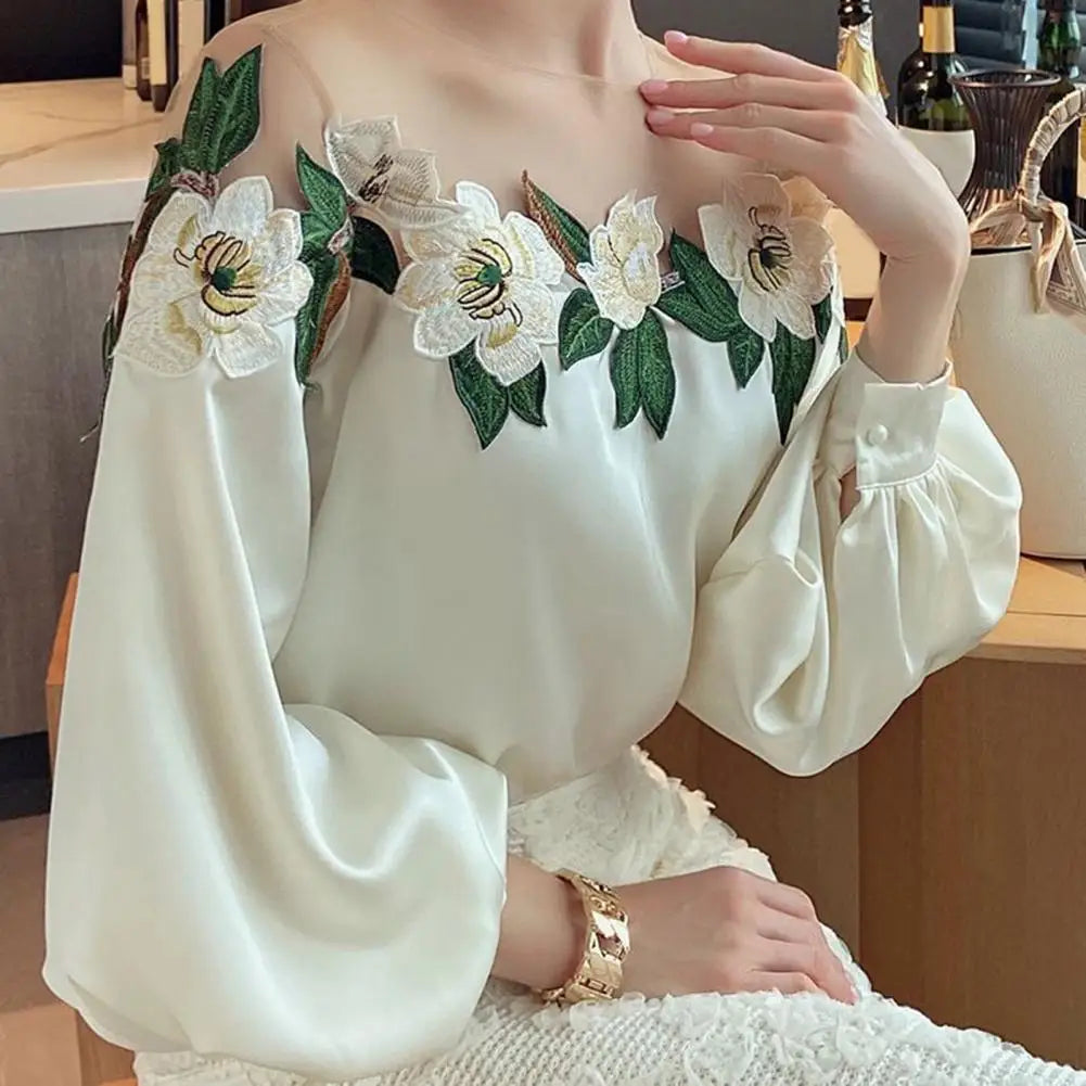 Elegant Women Blouse Satin Embroidered Gauze Lady Shirt Top Long Sleeve Breathable Chiffon Blouse Summer - KIMLUD