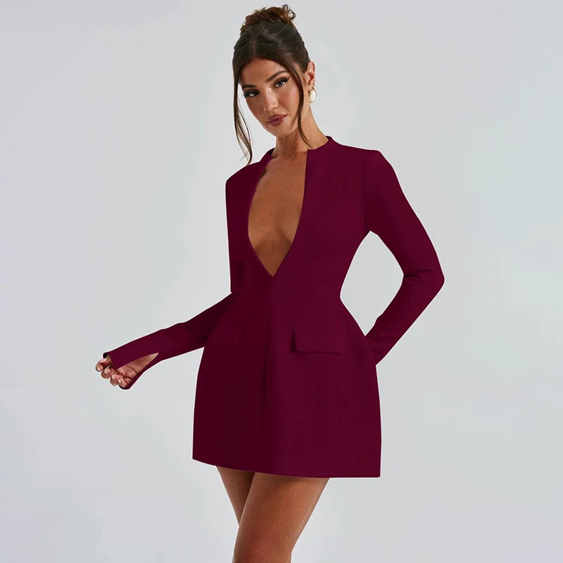 Lygens V Neck Long Sleeve Zipper Back A Line Patchwork Mini Solid Women'S Dresses Wholesale Fashion Gown Fashion Winter Clothes