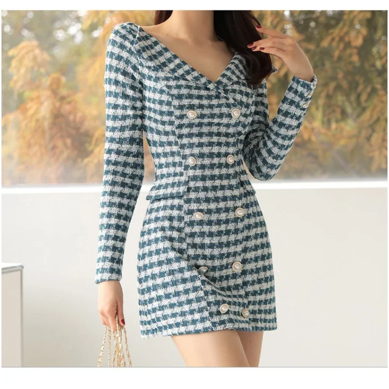 KIMLUD, Long-sleeved Plaid Small Fragrance V-neck Women Dress Slim Double-breasted Korea Chic Elegant Vintage Spring Autumn Mini Dress, KIMLUD Womens Clothes