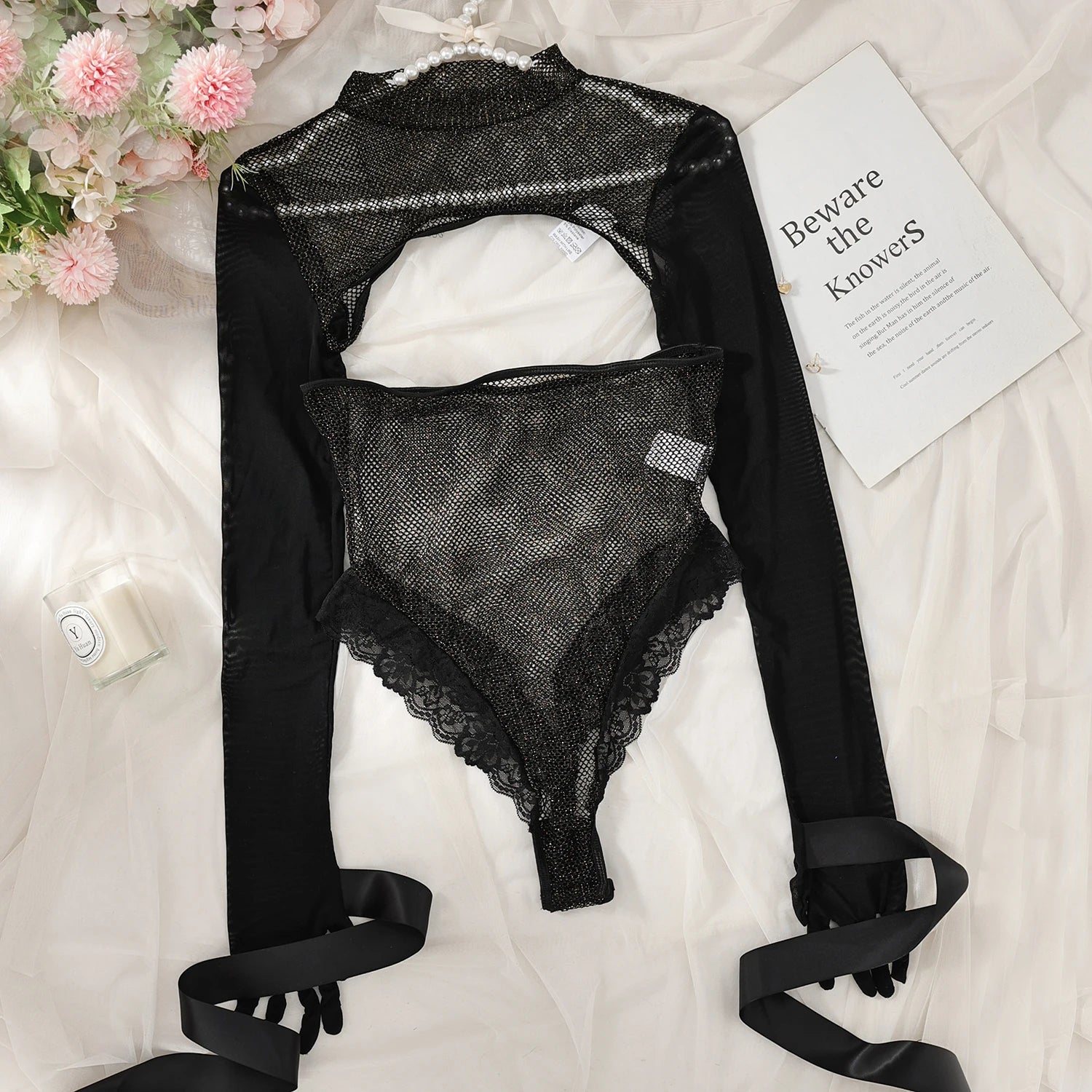 KIMLUD, Ellolace Bound Hand Erotic Babydoll Porn Mesh Body With Long Sleeve Crop Tops Open Crotch Tights Transparent Onlyfans Sexy Set, KIMLUD Womens Clothes