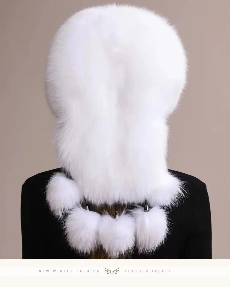 Real Fox Fur Hat For Women Winter Thickened Warm Natural Fur Princess Hat Adjustable Russians Cap Real Raccoon Fur Bomber Caps