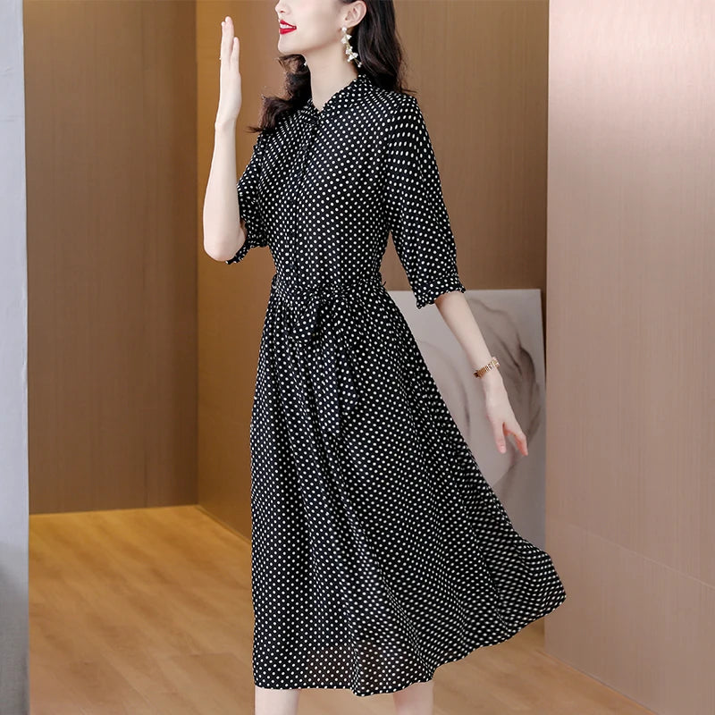 Spring Fashion Elegant Silk Printed Dress For Women 2023 New Versatile 5/4 Sleeve Loose Fit Casual Holiday Knee Length Dress Ves