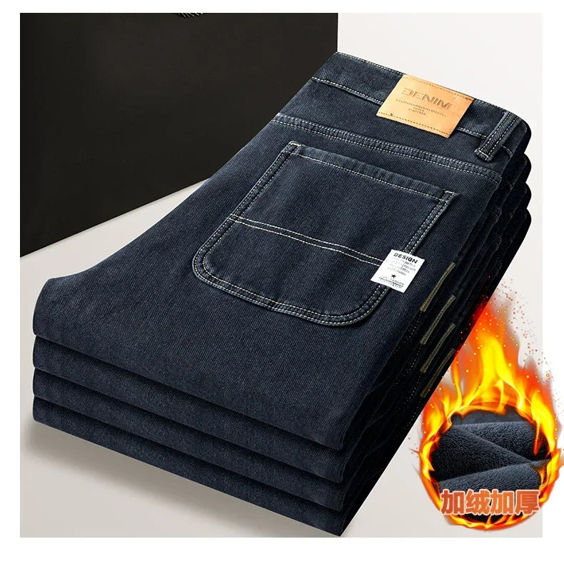 Winter Korean Fashion Brushed Jeans for Men's Thickened Warm Elastic Slim Comfortable Straight Fleece Denim Trousers