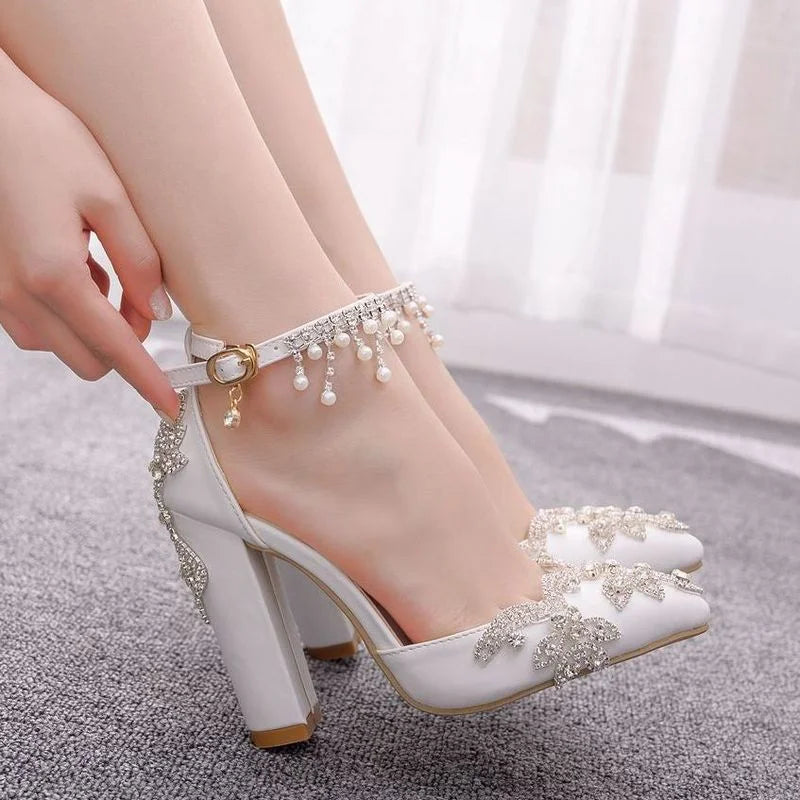 Maogu Woman Wedding High Heels Elegant Medium Heel Women's Shoes 2023 Pearl Rhinestone Ladies White Pumps Crystal Buckle Strap