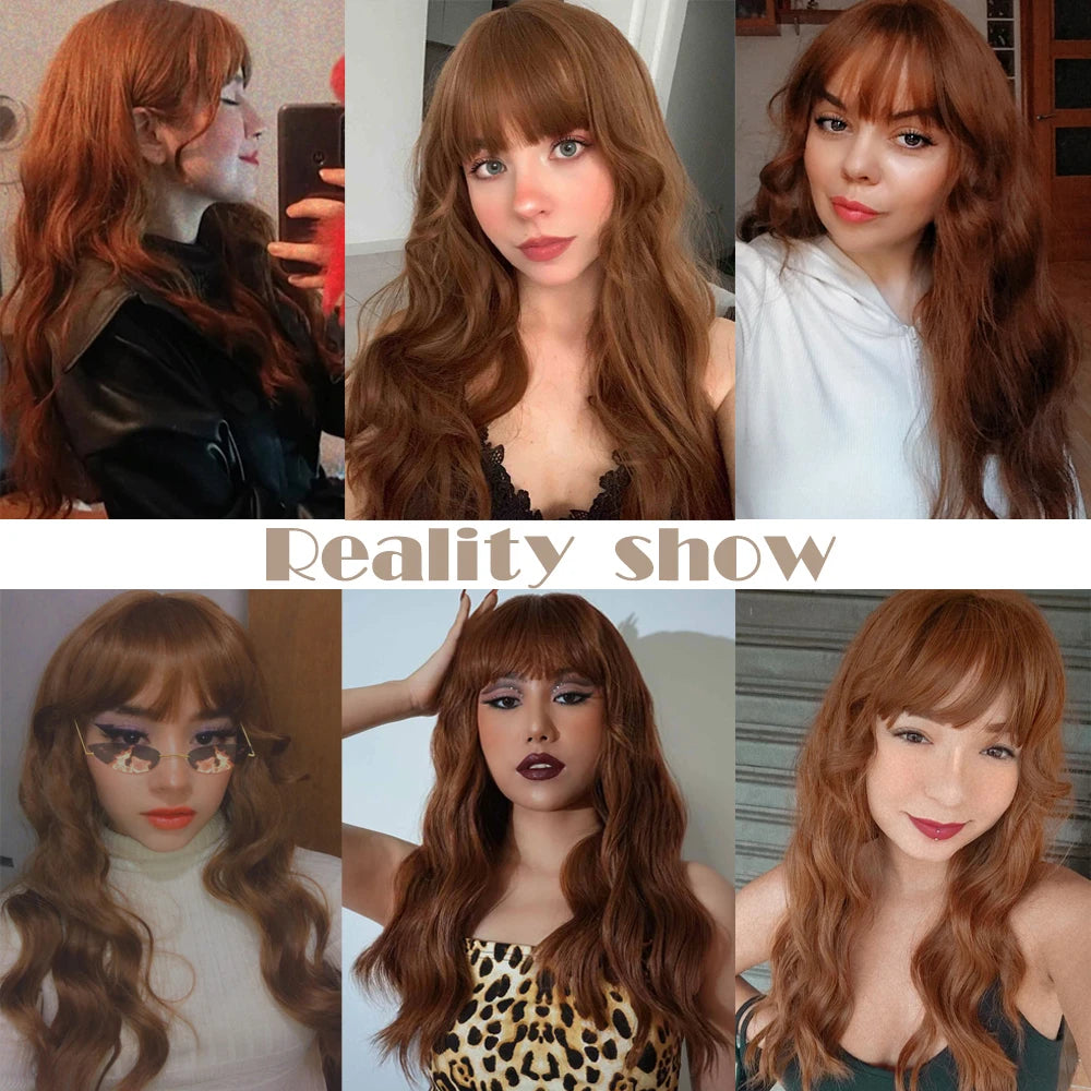 Cosplay Ginger Orange Long Curly Synthetic Wigs with Bangs Deep Wave Lolita Hair for Women Halloween Party Daily Heat Resistant