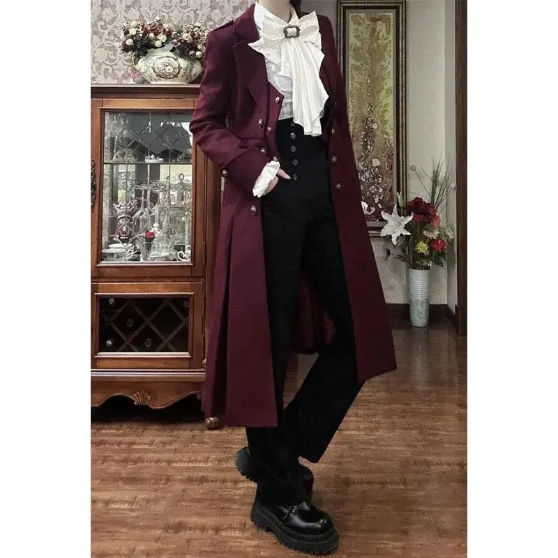 Japanese Retro Dark Long Trench Coat British Style Gothic Handsome Knight Outfit Lolita Sweet Long-sleeved Slimming Jacket